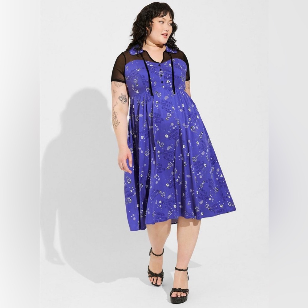 TORRID Warner Bros Beetlejuice Midi Challis Mesh Yoke Dress